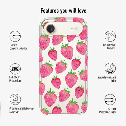 clear strawberry phone case with scratch-resistant print, anti-yellow materials and 360 protection features