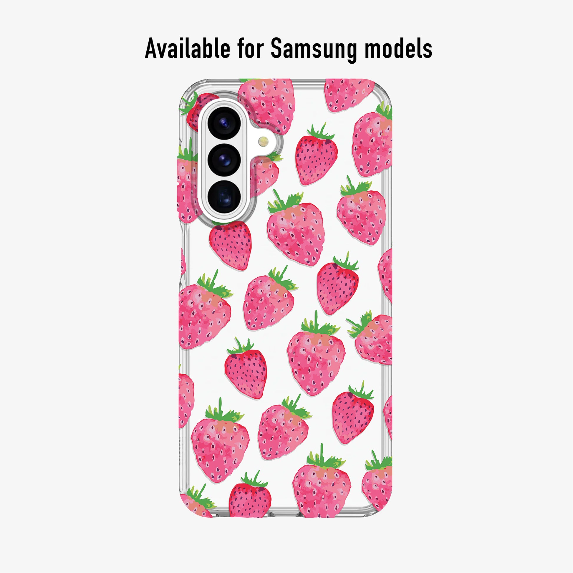 Phone case with strawberry pattern on a clear background available for samsung models