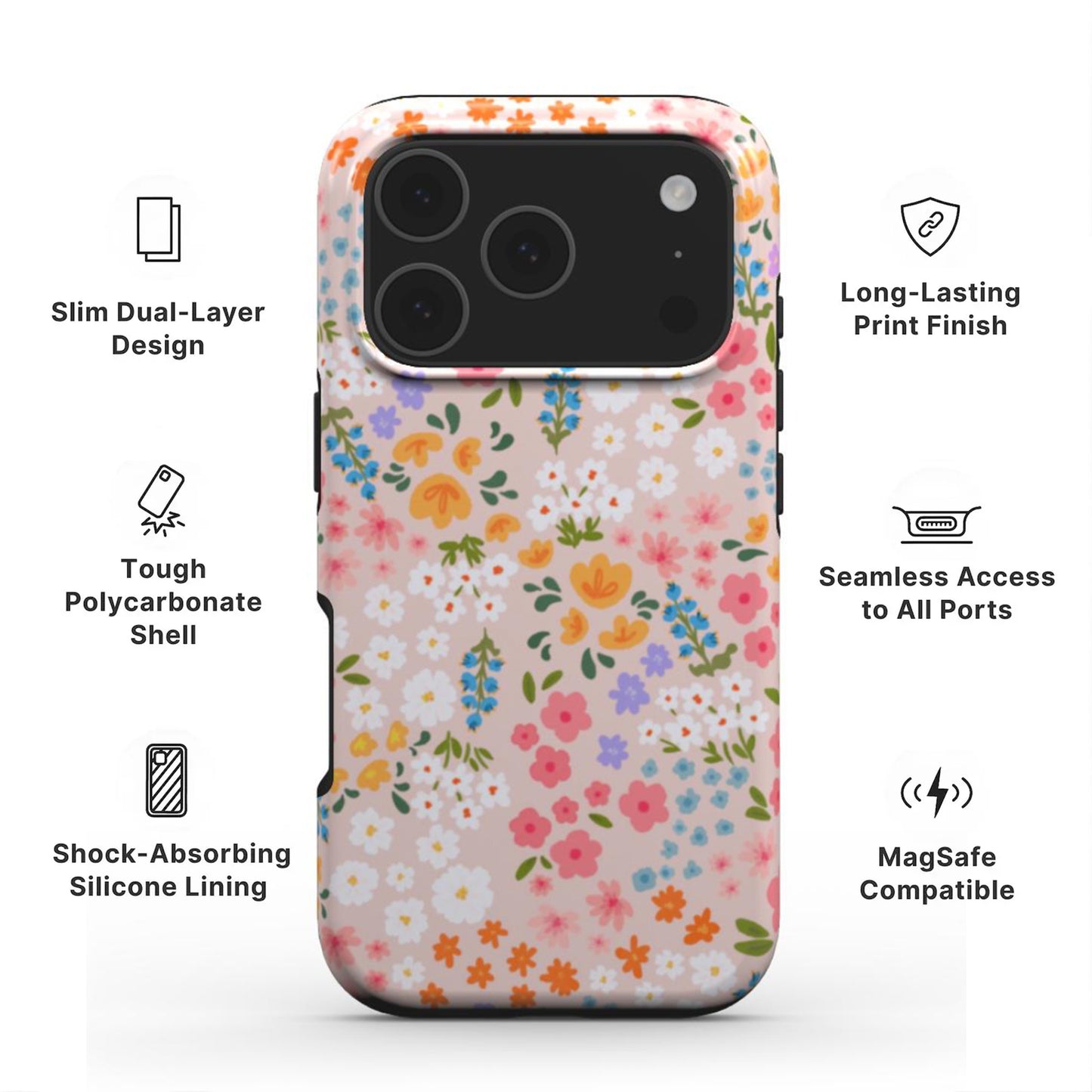 Summer Floral Tough Phone Case showing features like dual-layer protection, Scratch-resistant print and easy access to all ports