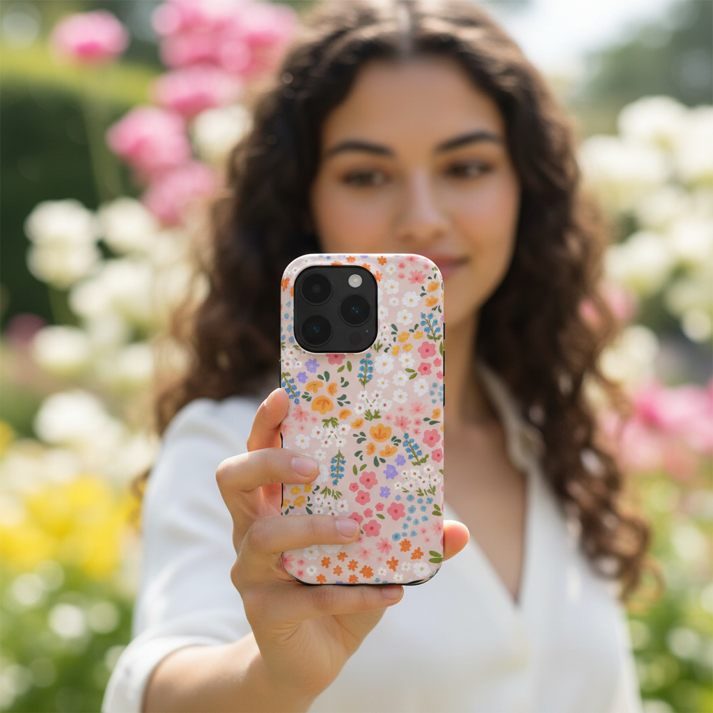 woman taking a selfie with a phone with Summer floral Phone case showing everyday use
