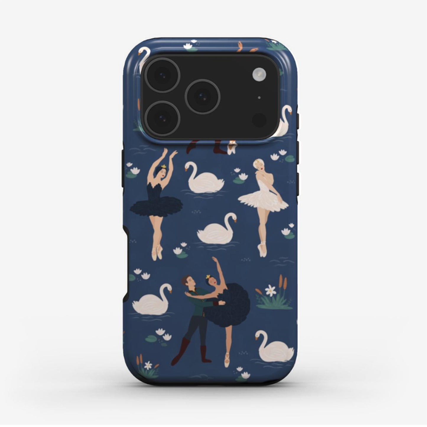 Swan Lake Ballet phone case with watercolour ballet scenes on blue background, glossy finish, and full-wrap protection