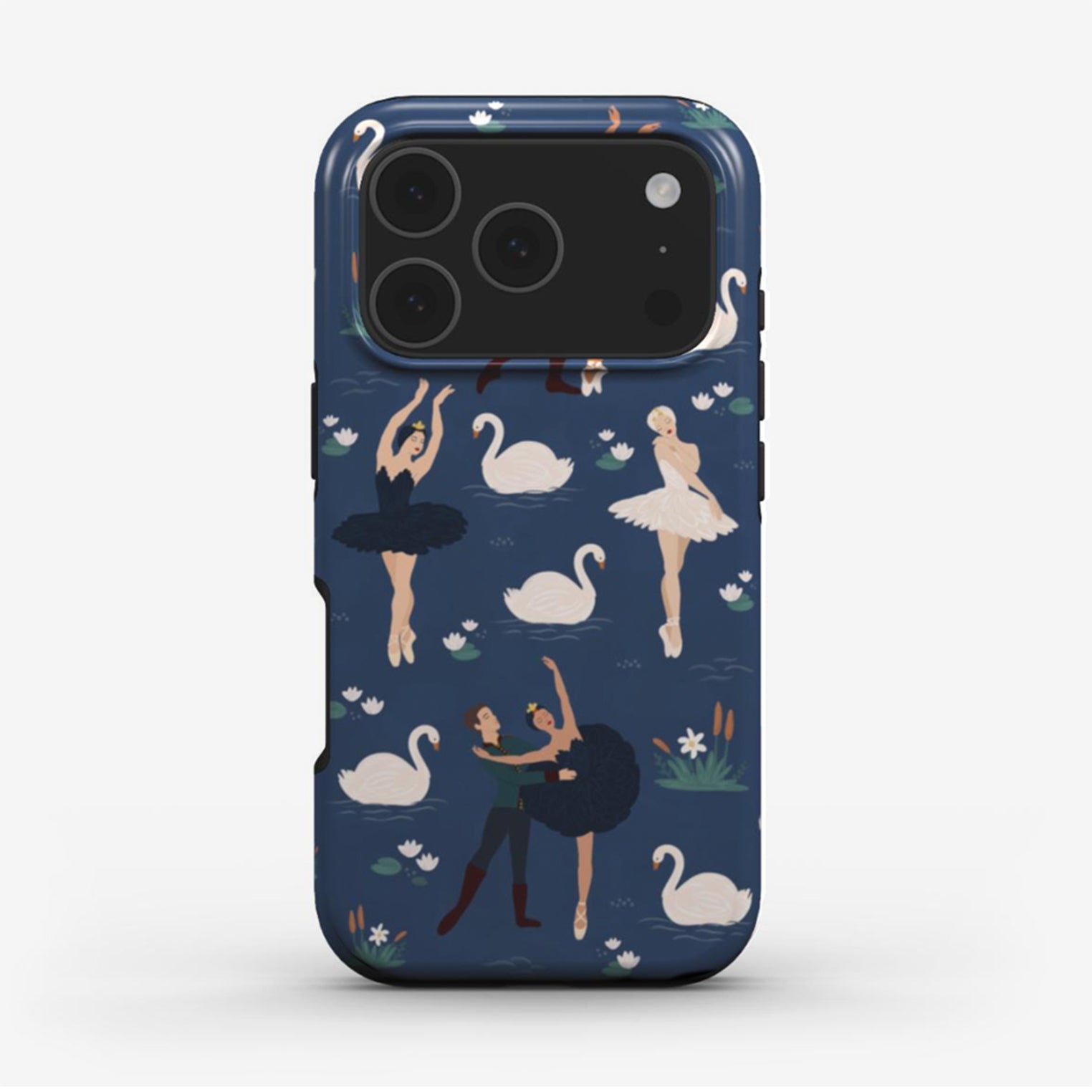 Swan Lake Ballet phone case with watercolour ballet scenes on blue background, glossy finish, and full-wrap protection