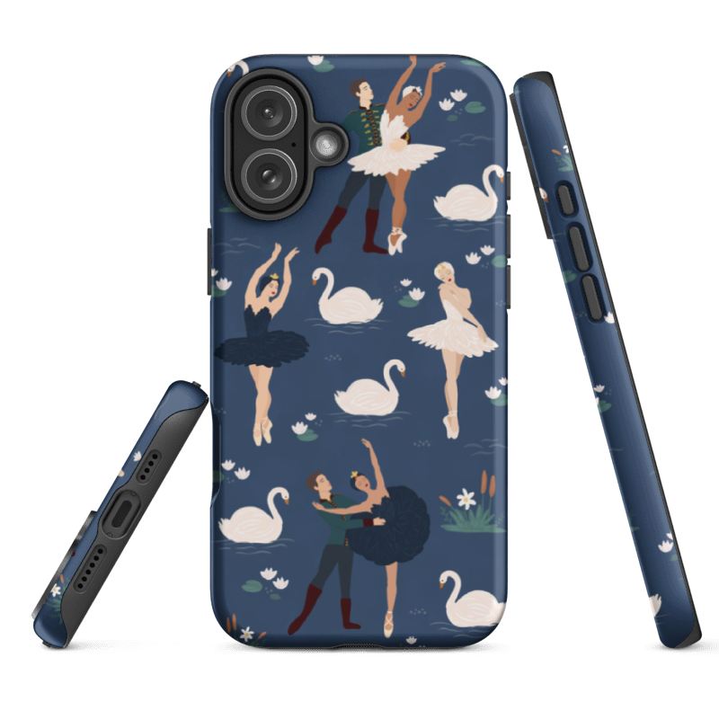 Phone case with ballet dancer and swan design on a blue background for iPhone 15  with glossy wrap around print and dual- layer protection