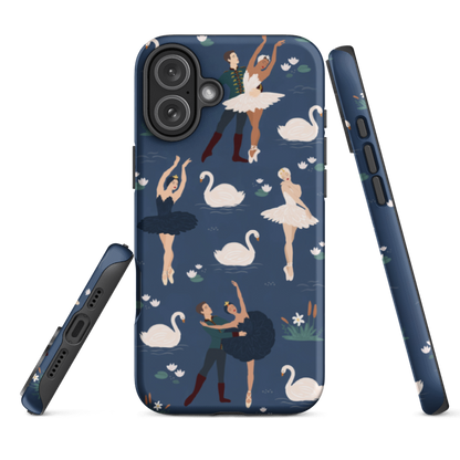 Phone case with ballet dancer and swan design on a blue background for iPhone 15  with glossy wrap around print and dual- layer protection