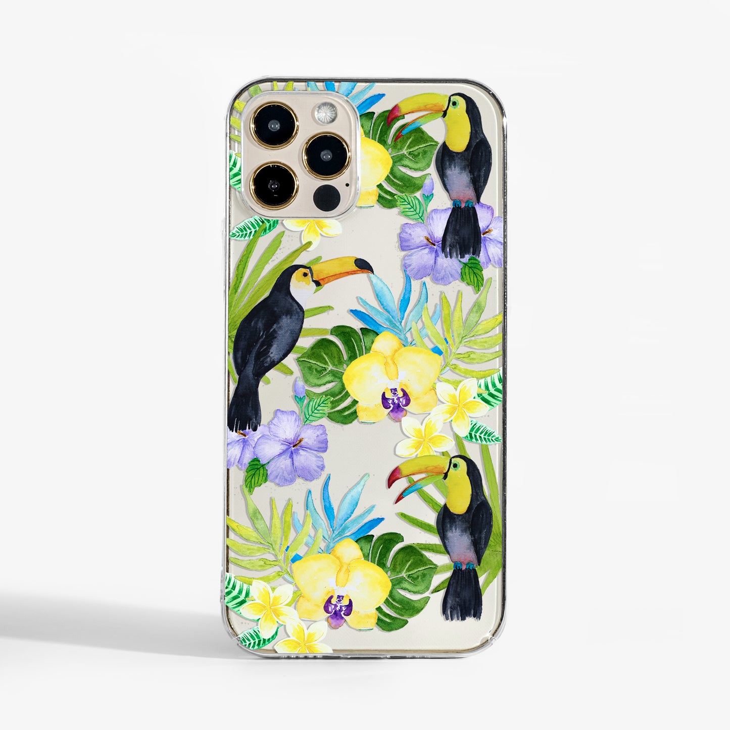 Toucan Birds clear phone case — tropical watercolour art phone case with protective hard plastic cover and fun design.