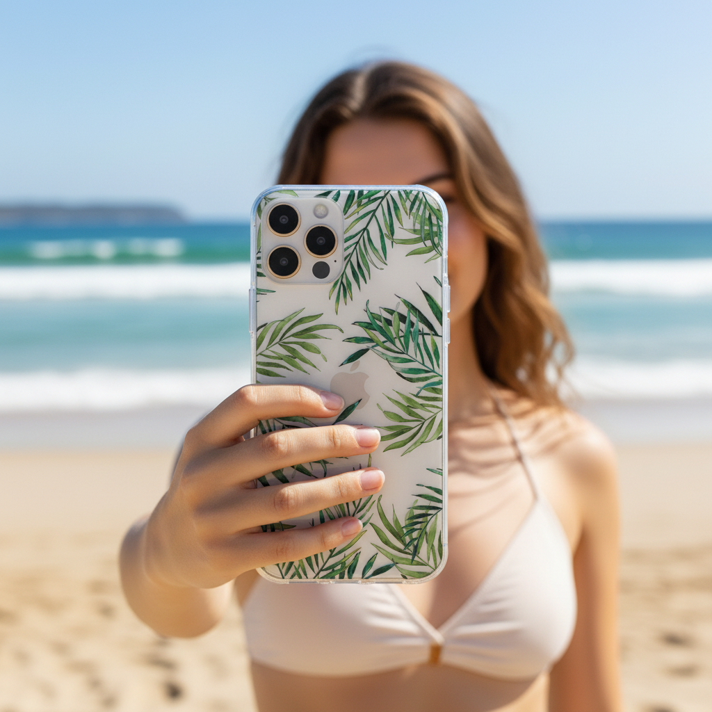 Woman talikng a selfie with a phone with clear tropical leaves phone case.