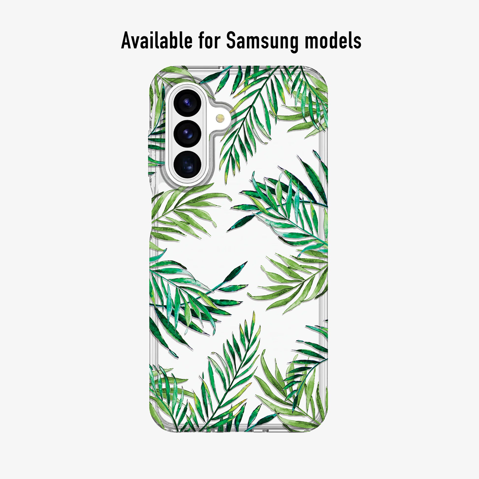 Phone case with green leaves design available for Samsung models.