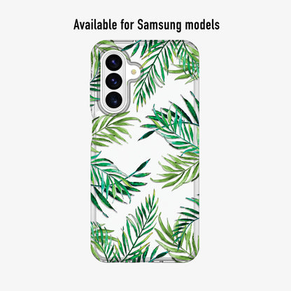 Phone case with green leaves design available for Samsung models.