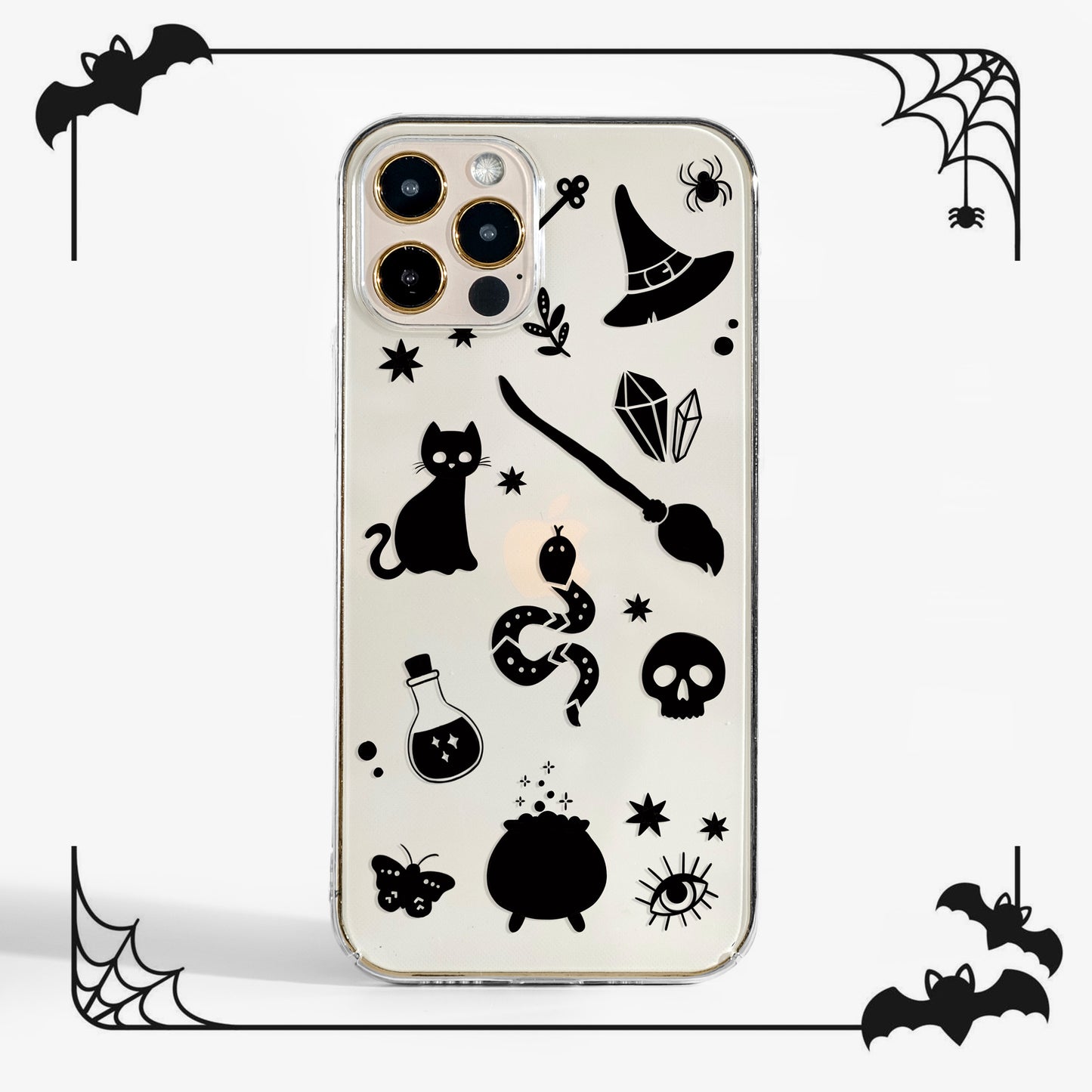 Cute clear Phone case with Halloween-themed design featuring black witch craft illustrations