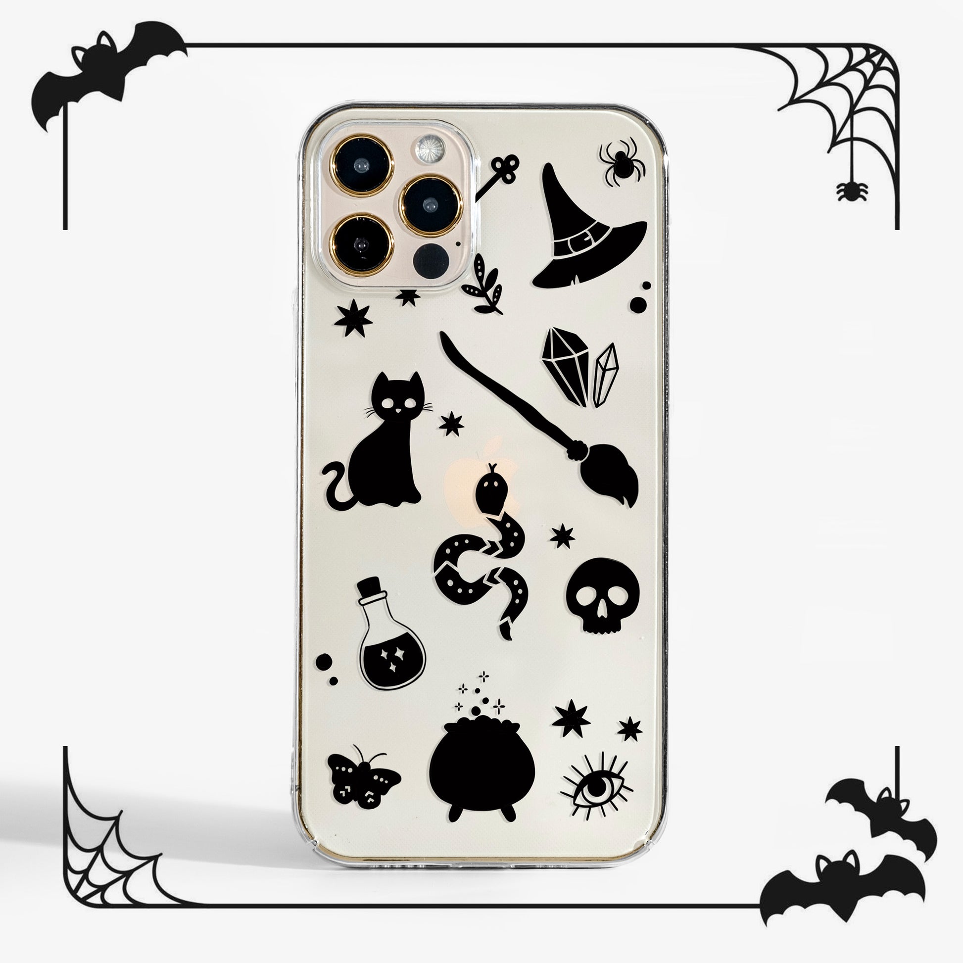 Cute clear Phone case with Halloween-themed design featuring black witch craft illustrations