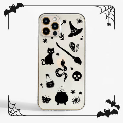 Cute clear Phone case with Halloween-themed design featuring black witch craft illustrations