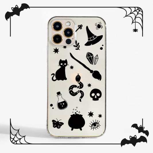 Cute clear Phone case with Halloween-themed design featuring black witch craft illustrations