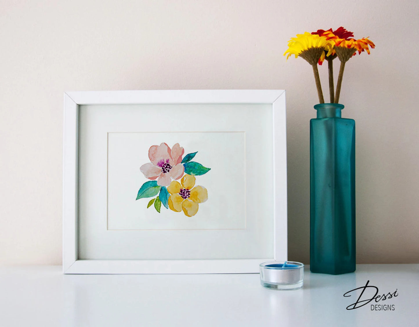 Cute Floral Watercolour print with pink and yellow blooms, perfect to brighten up your space.
