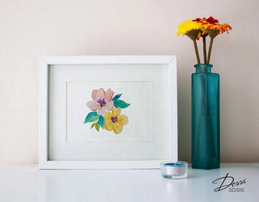 Cute Floral Watercolour print with pink and yellow blooms, perfect to brighten up your space.