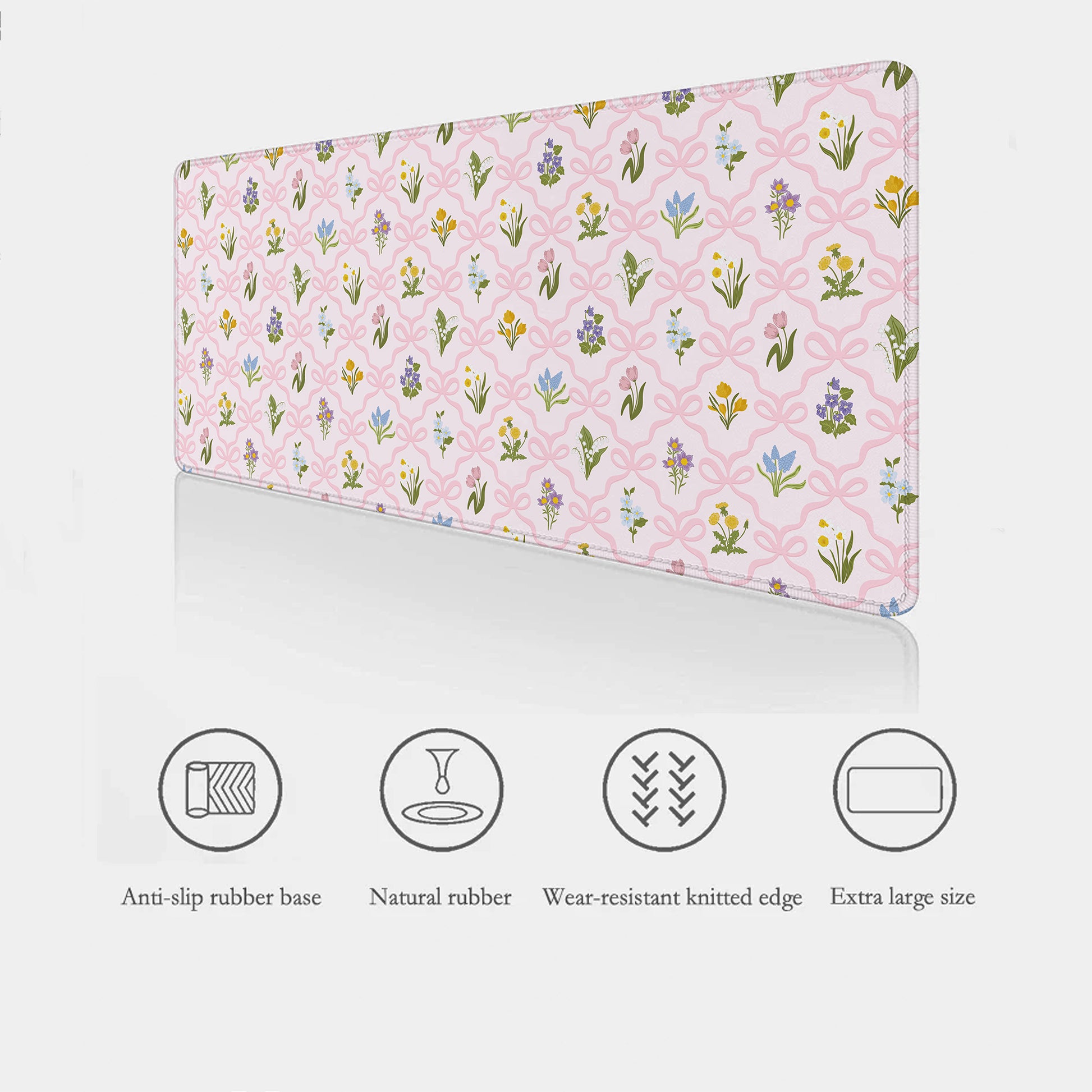 Large desk mat featuring a vintage wildflower and pink bow design, providing a smooth surface for working, writing and everyday desk use.