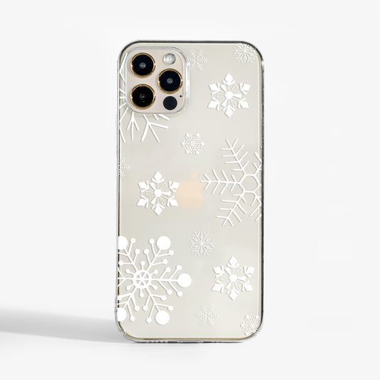 Clear phone case with winter snowflake design -for iPhone, Samsung, and Google Pixel.