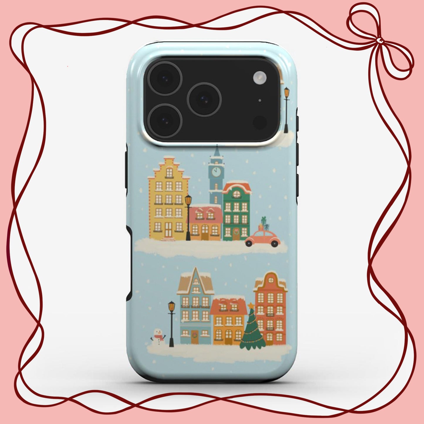 Winter Town phone case featuring festive artwork with glossy finish. Christmas phone case 