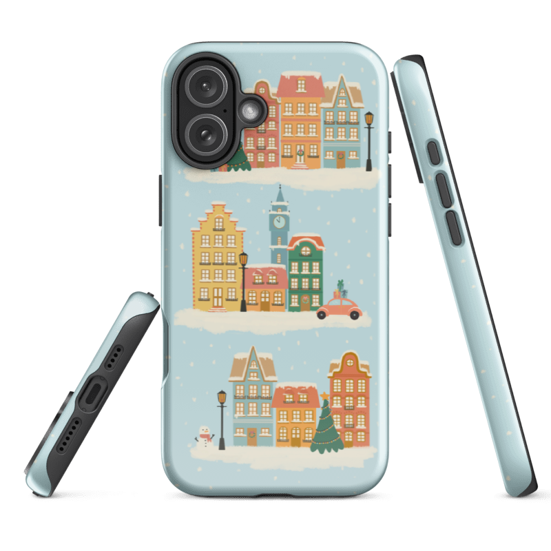 the Winter Town Tough Case showing glossy wraparound design and protective shell that is made of TPU inner liner and hard printed cover