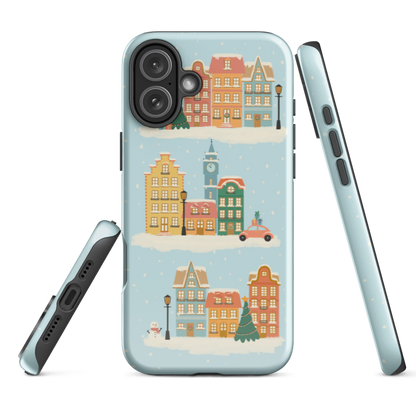the Winter Town Tough Case showing glossy wraparound design and protective shell that is made of TPU inner liner and hard printed cover