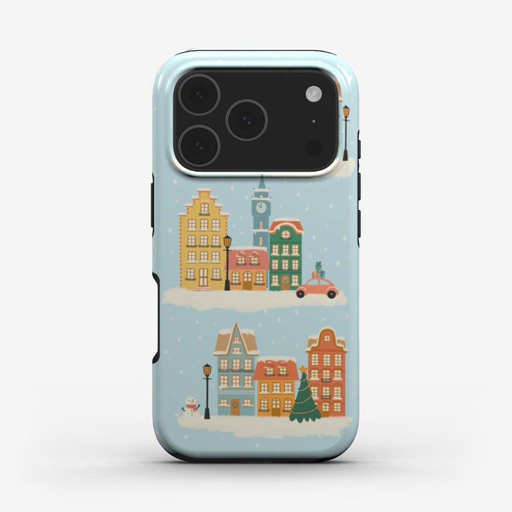 Winter Town phone case featuring cosy festive artwork with glossy finish. A Christmas phone case design that’s stylish, protective, and cheerful.
