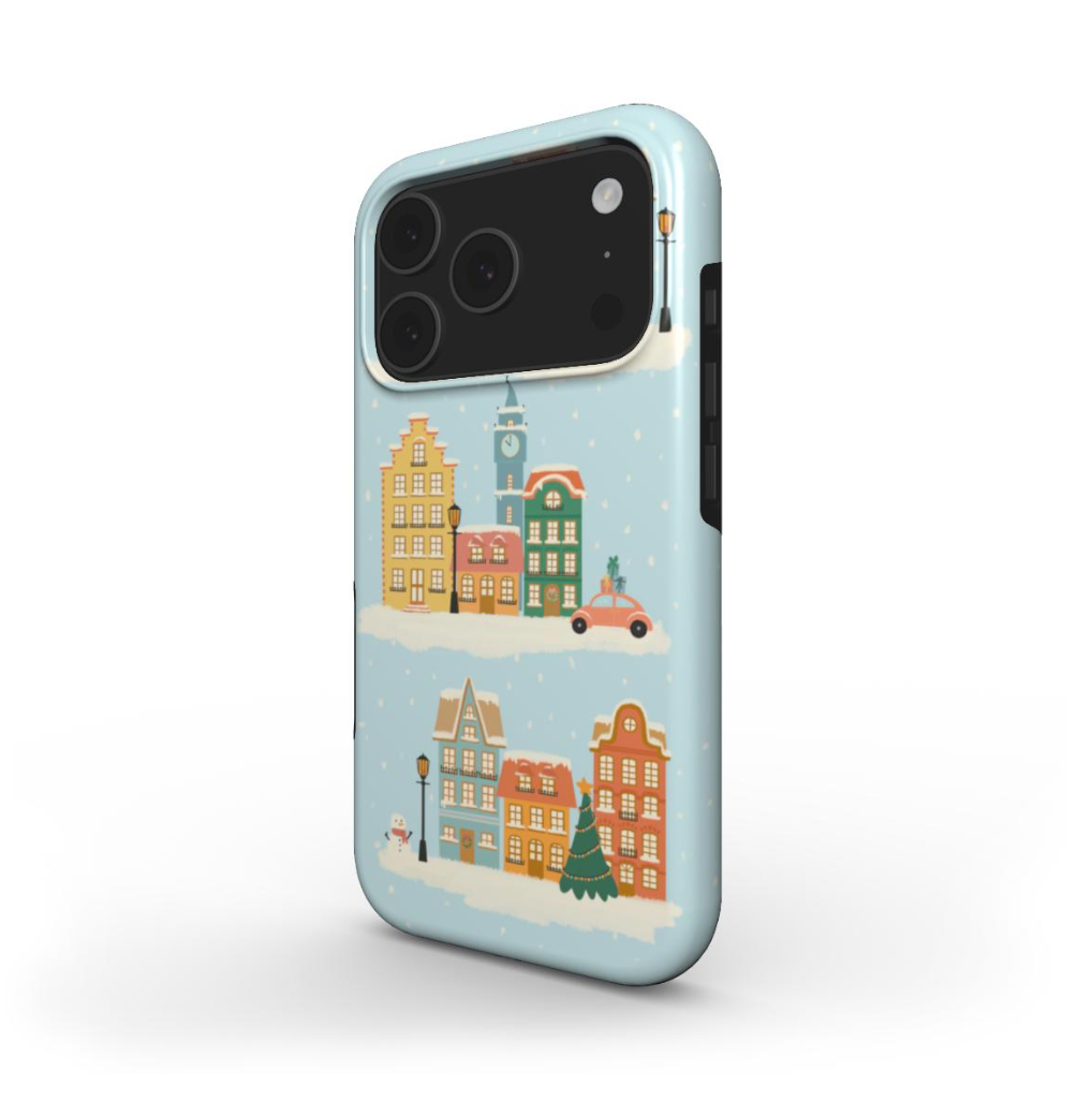Side view of the Winter Town Tough Case showing glossy wraparound design that covers the edges