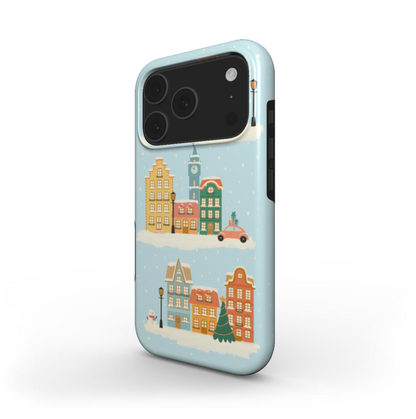 Side view of the Winter Town Tough Case showing glossy wraparound design that covers the edges
