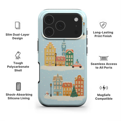 Winter Town Tough Phone Case showing features like dual layer protection, long-lasting print and easy access to all ports 