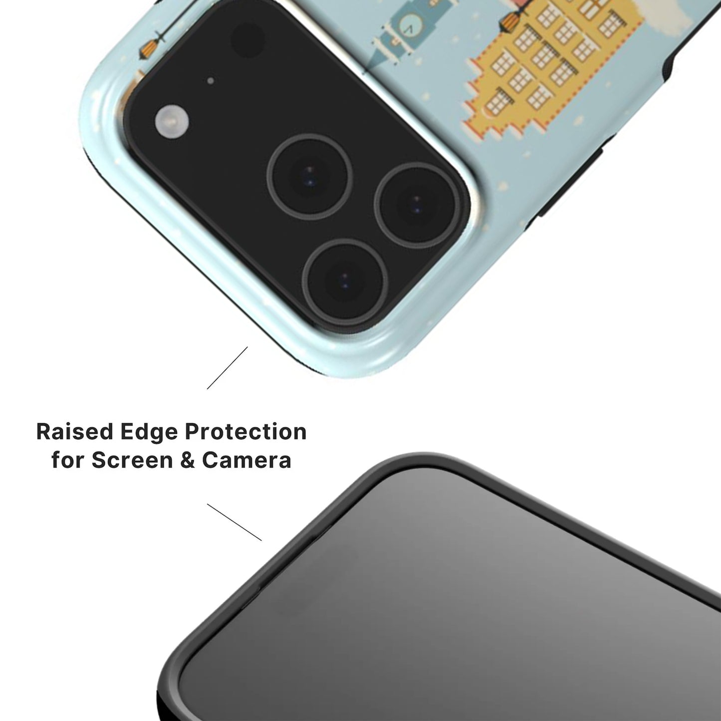 Winter Town Phone Case showing raised camera and screen edges with black rim 