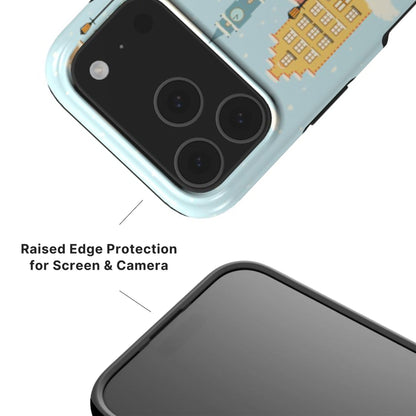Winter Town Phone Case showing raised camera and screen edges with black rim 