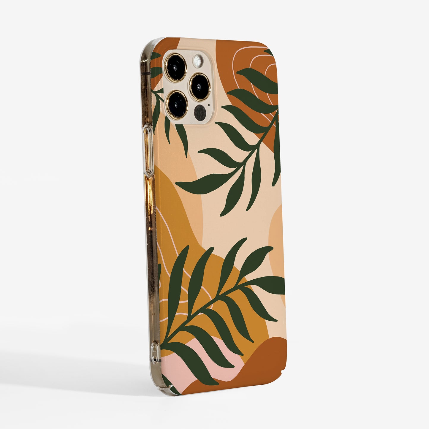 Artistic phone case with autumn botanical illustration in warm earthy tones and clear sides — stylish and practical for everyday use
