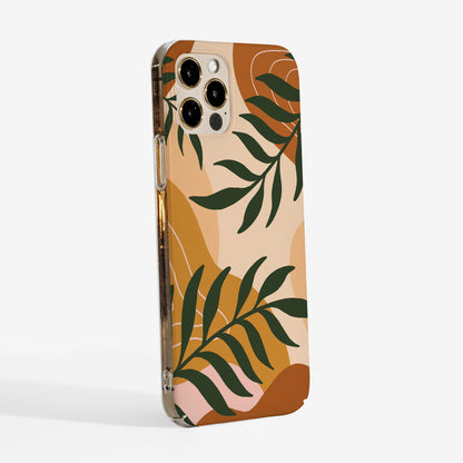 Artistic phone case with autumn botanical illustration in warm earthy tones and clear sides — stylish and practical for everyday use