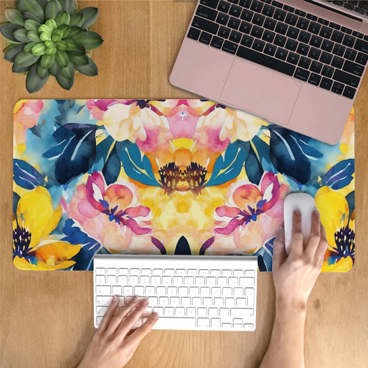 Person using a laptop on a floral desk mat with a plant in the corner.