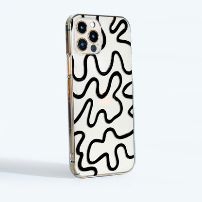 Minimalist clear phone case with black abstract lines and transparent sides— sleek, protective design that highlights your phone’s natural colour