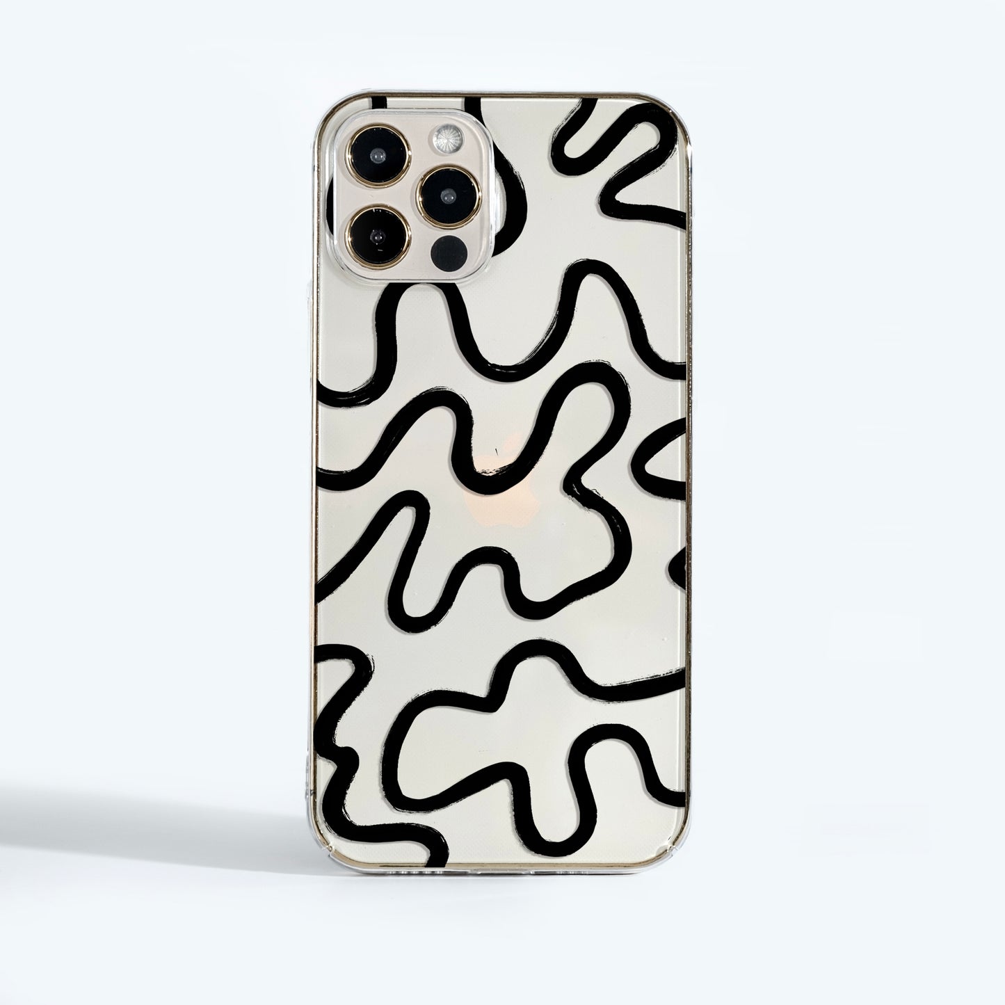 Minimalist clear phone case with black abstract line art — modern, lightweight design that shows off your phone while keeping it safe from scratches.
