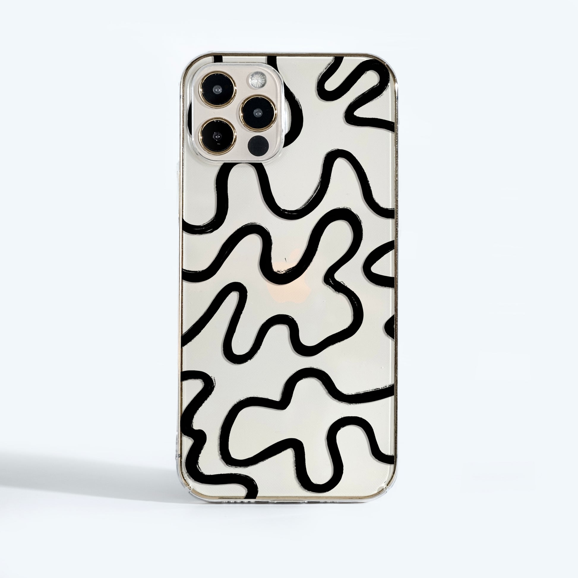 Minimalist clear phone case with black abstract line art — modern, lightweight design that shows off your phone while keeping it safe from scratches.