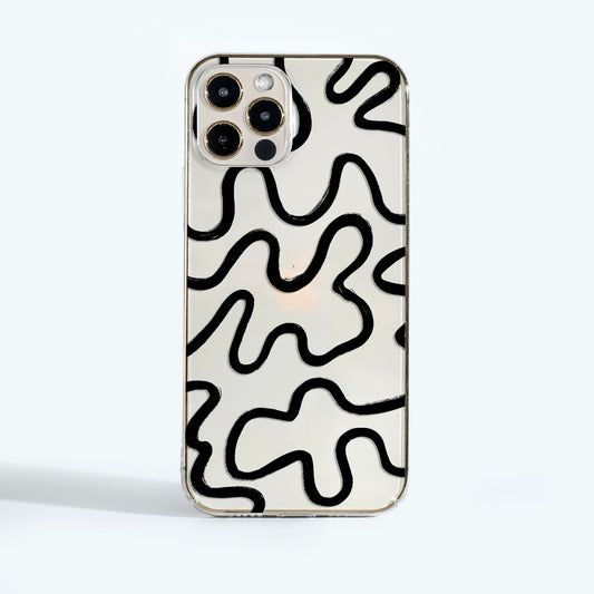 Minimalist clear phone case with black abstract line art — modern, lightweight design that shows off your phone while keeping it safe from scratches.