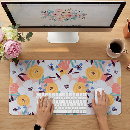 desk setup with the abstract flowers desk mat showing everyday use