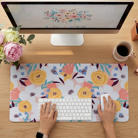 desk setup with the abstract flowers desk mat showing everyday use