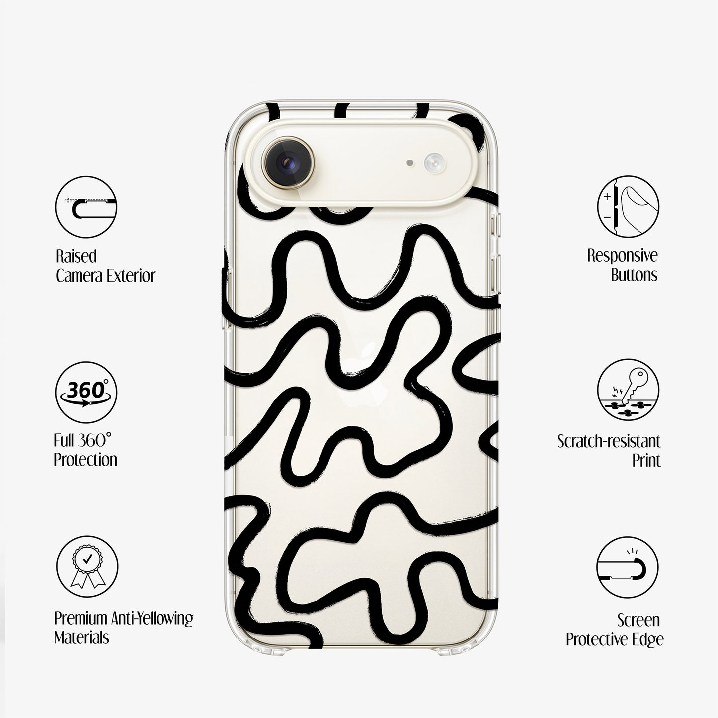 Clear Phone case with black wavy pattern on a transparent background, featuring features such as premium anti-yellowing materials, 360 protection and raised edges