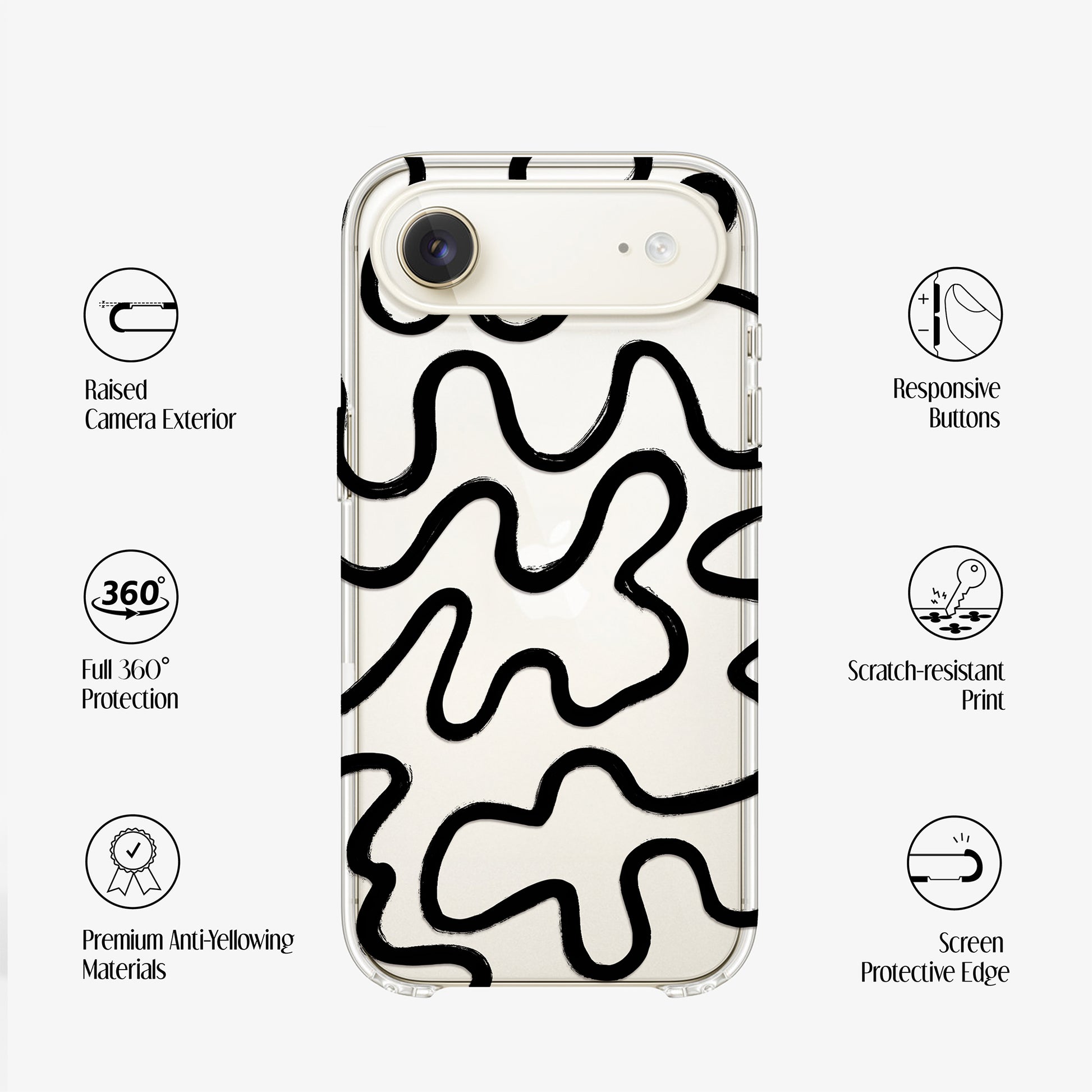 Clear Phone case with black wavy pattern on a transparent background, featuring features such as premium anti-yellowing materials, 360 protection and raised edges