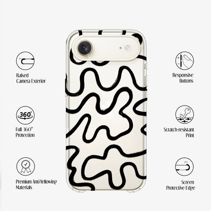 Clear Phone case with black wavy pattern on a transparent background, featuring features such as premium anti-yellowing materials, 360 protection and raised edges