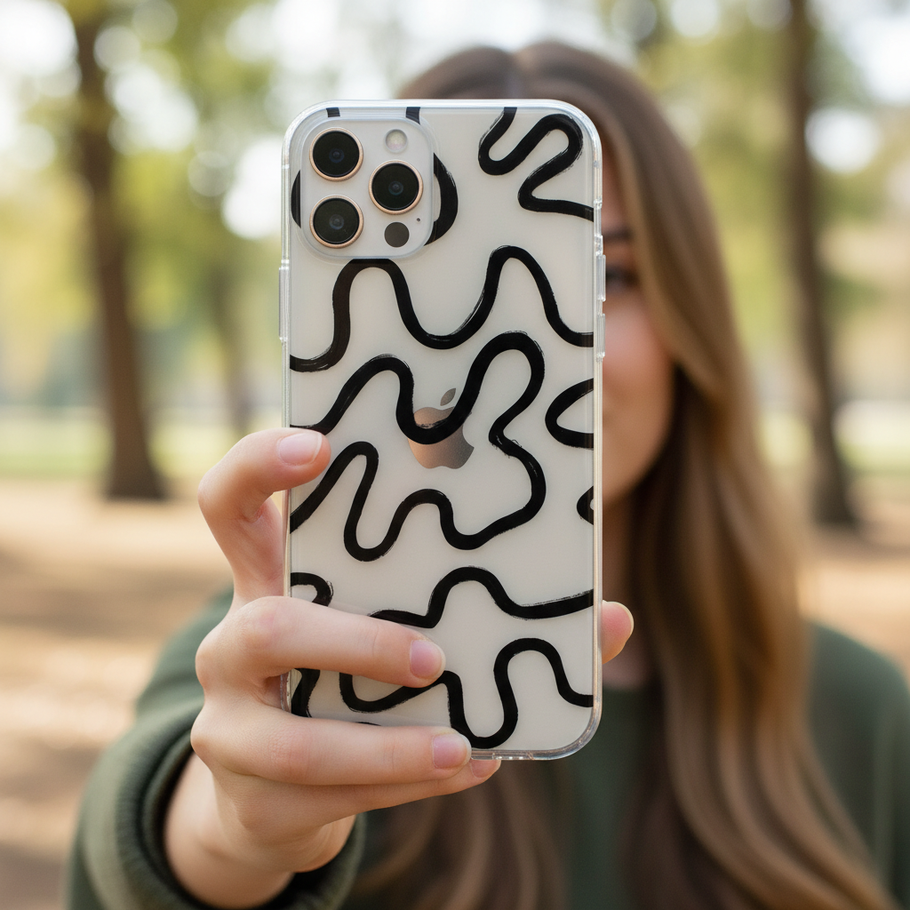 Woman holding a phone protected in a clear phone case with black wavy pattern 