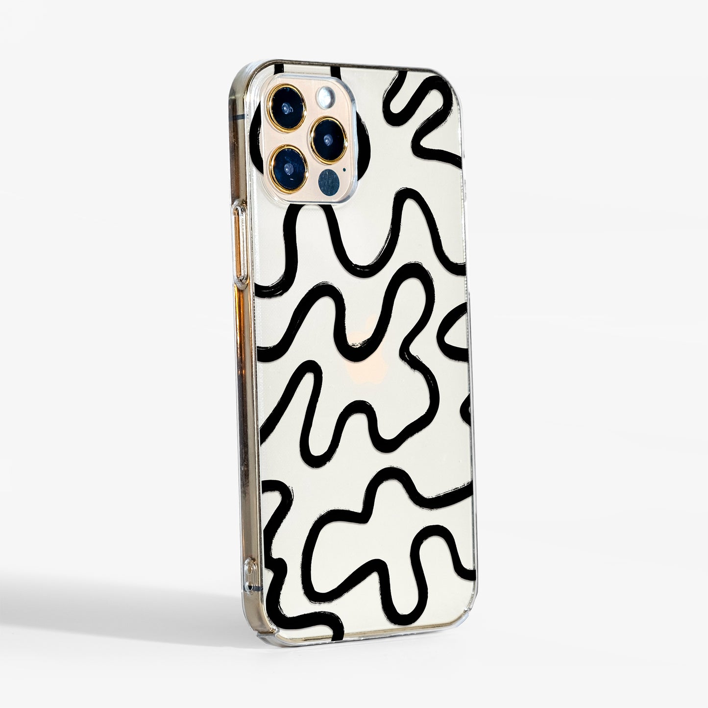 Minimalist clear phone case with black abstract lines and transparent sides— sleek, protective design that highlights your phone’s natural colour