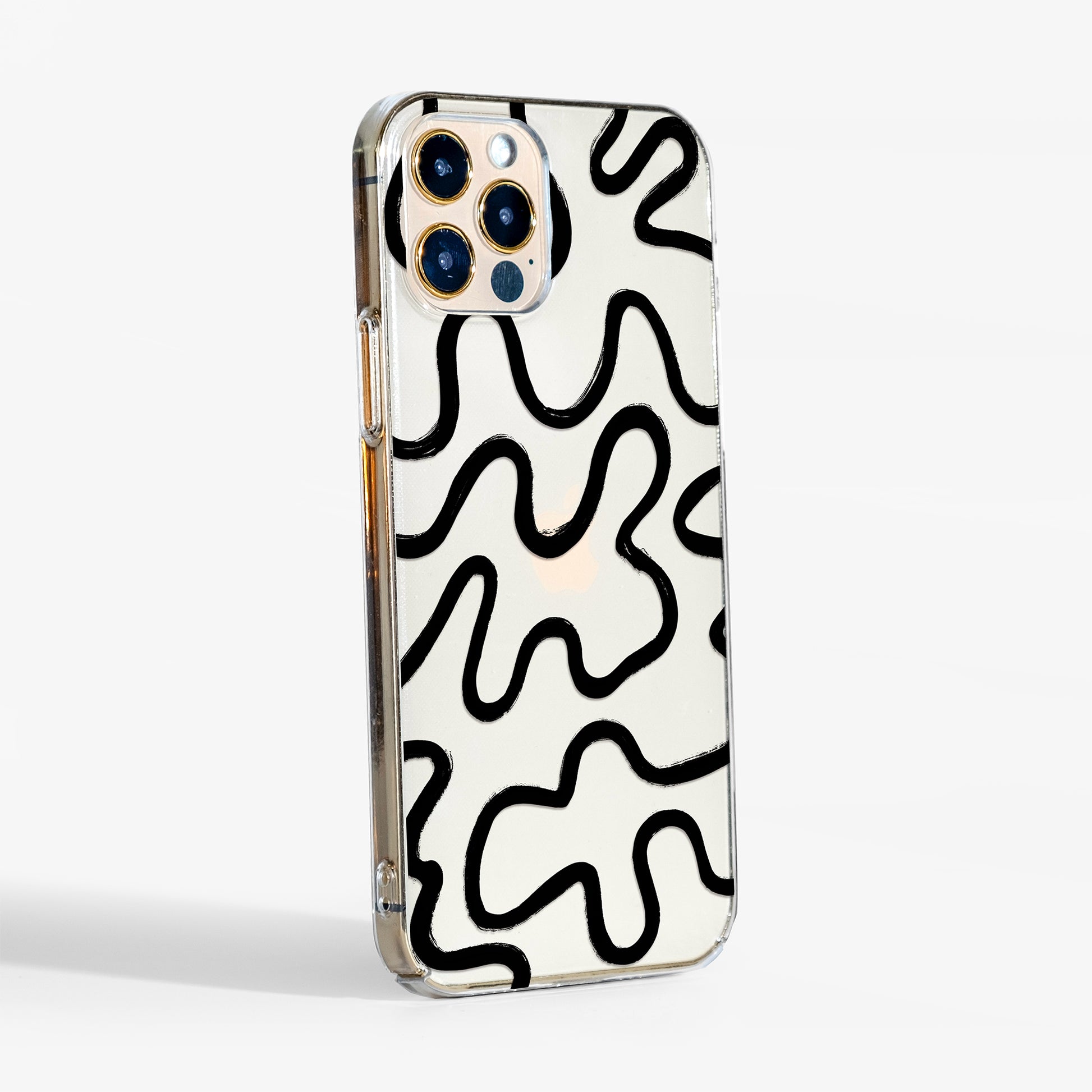 Minimalist clear phone case with black abstract lines and transparent sides— sleek, protective design that highlights your phone’s natural colour