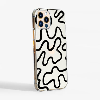 Minimalist clear phone case with black abstract lines and transparent sides— sleek, protective design that highlights your phone’s natural colour