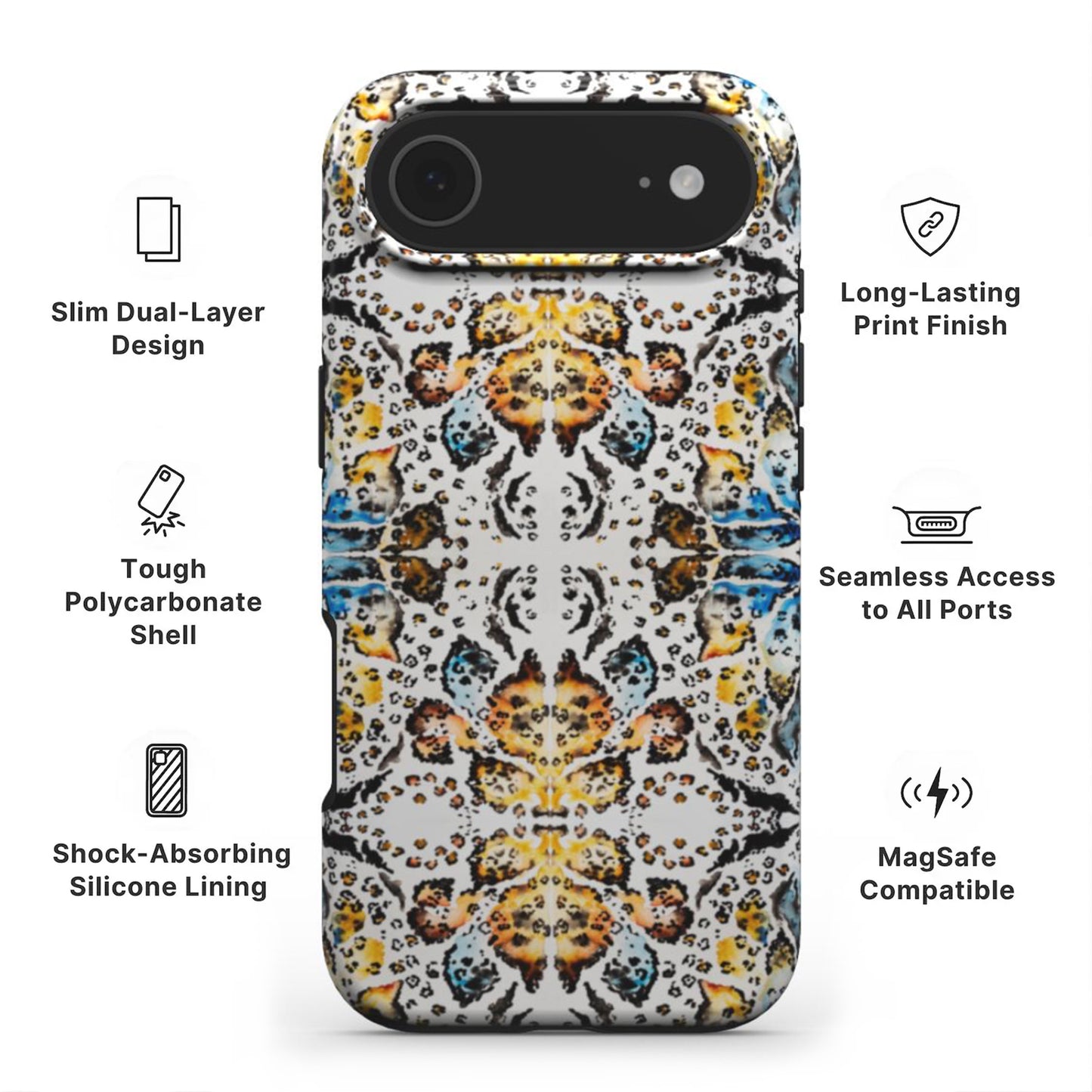 Abstract Animal Print Phone Case  showing features like dual-layer protection, Scratch-resistant print and easy access to all ports