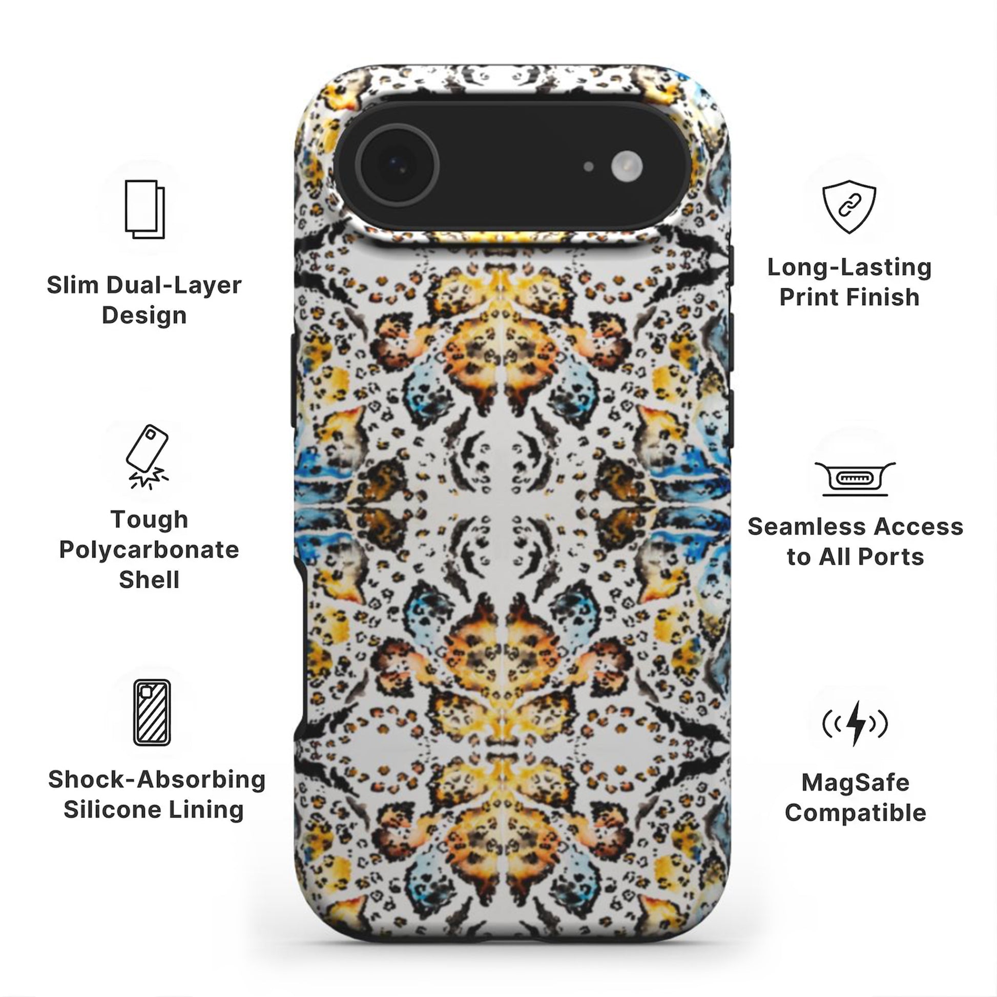 Abstract Animal Print Phone Case  showing features like dual-layer protection, Scratch-resistant print and easy access to all ports