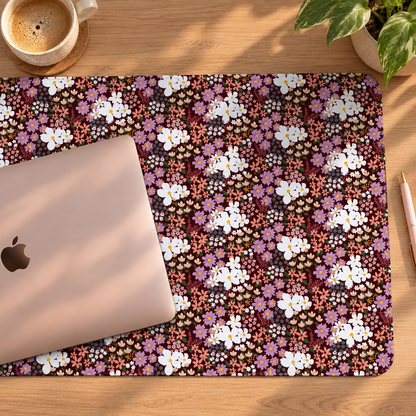 Large floral desk mat with burgundy background and colourful flowers, styled with an MacBook in a home office workspace.