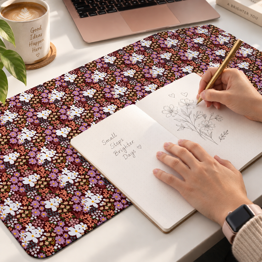 Burgundy floral desk mat with pink, purple and white flowers, styled with a notebook and laptop in a home office desk setup.