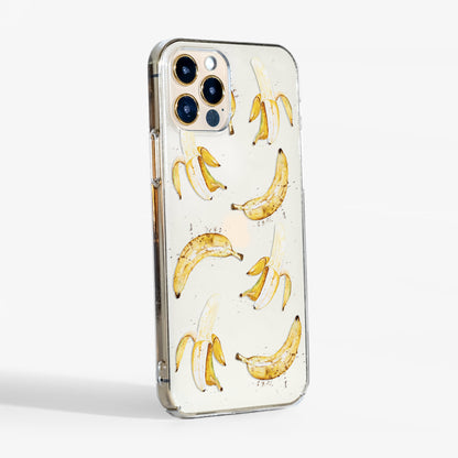 Clear phone case with playful watercolour banana design and transparent sides — fun, slim, and protective for anyone who loves their accessories with personality
